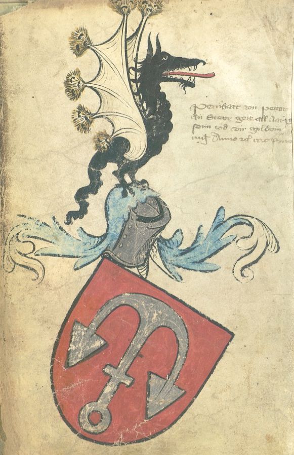 Grb Bernarda Ptujskega iz leta 1401 (Wiener Handschrift Hauptbuch der Bruderschaft St. Christoph auf dem Arlberg. Handschrift Weiss 242, Haus-, Hof- und Staatsarchiv, Wien, str. 19v).