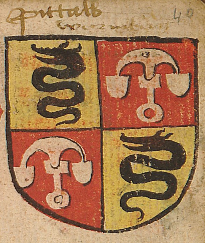 Grb gospodov Ptujskih iz leta 1440 (Hendrik van Heesel, 1440, str. 40).