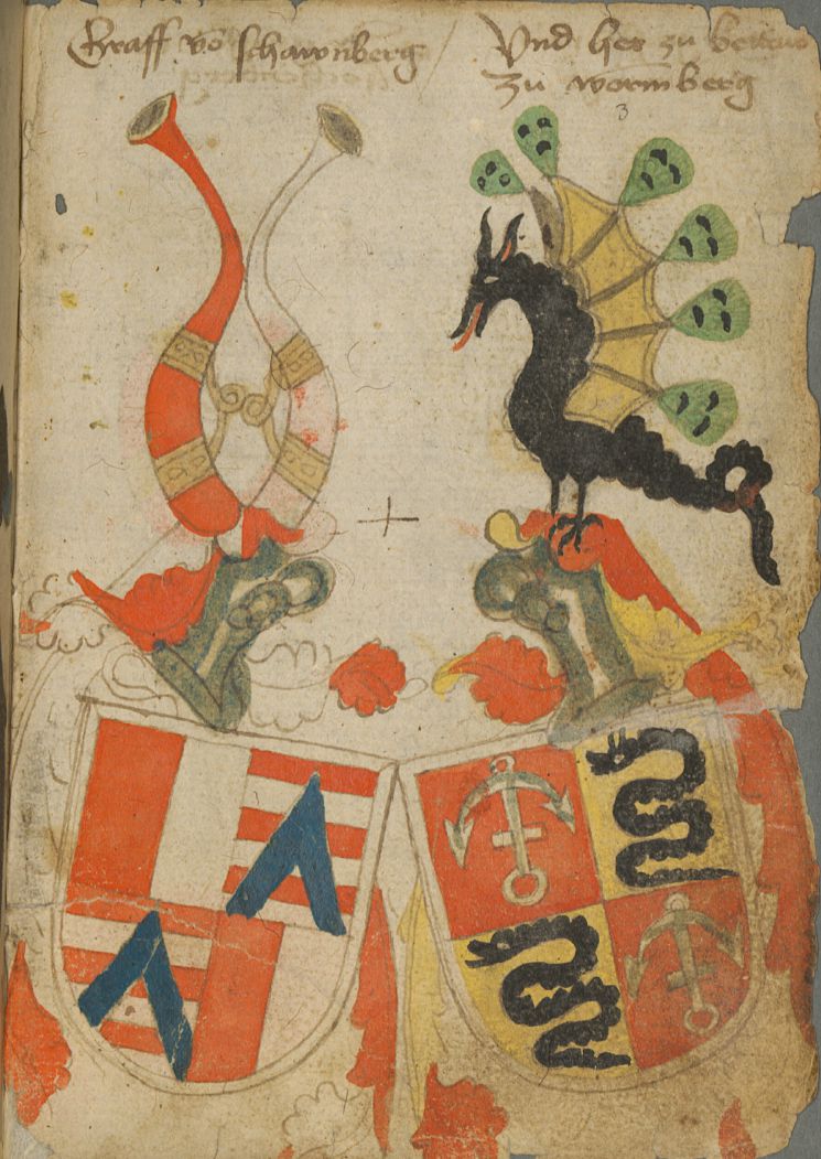Grb grofov Schaunberških in gospodov Ptujskih (Ortenburger Wappenbuch - BSB Cod.icon. 308 u, 1466-1473).