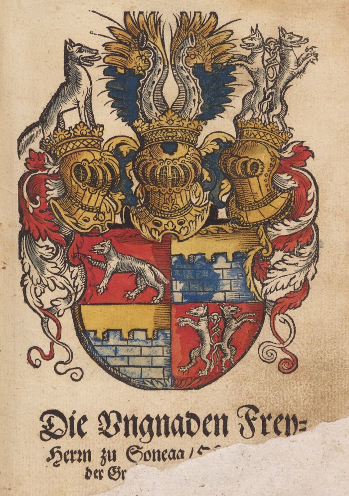 Grb Ungnada barona Ženeškega s tremi šlemi (Zacharias Bartsch, 1567).